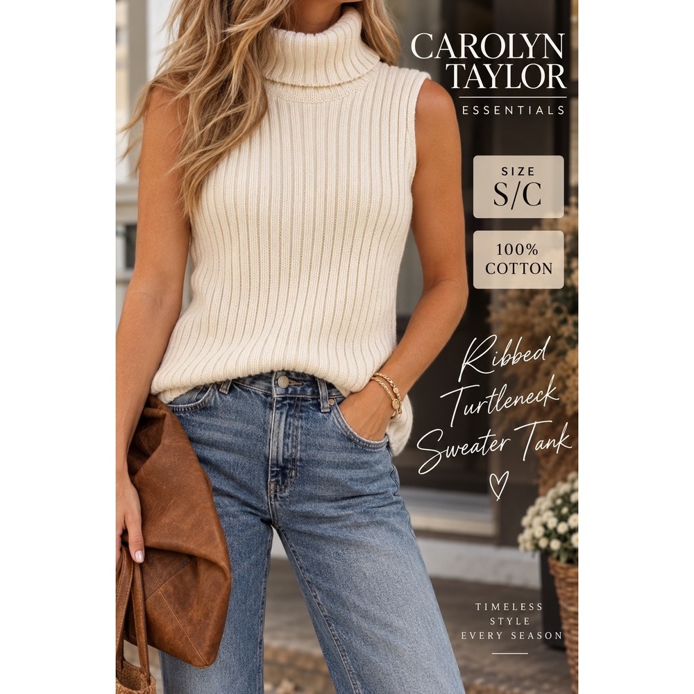 Carolyn Taylor Essentials Ribbed Turtleneck Sweater Tank Cream Cotton Small